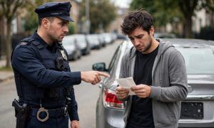policial apontando para traseira do carro sem placa e cidadão constrangido segurando multa genérica, cena de fiscalização educativa na rua