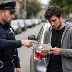 policial apontando para traseira do carro sem placa e cidadão constrangido segurando multa genérica, cena de fiscalização educativa na rua