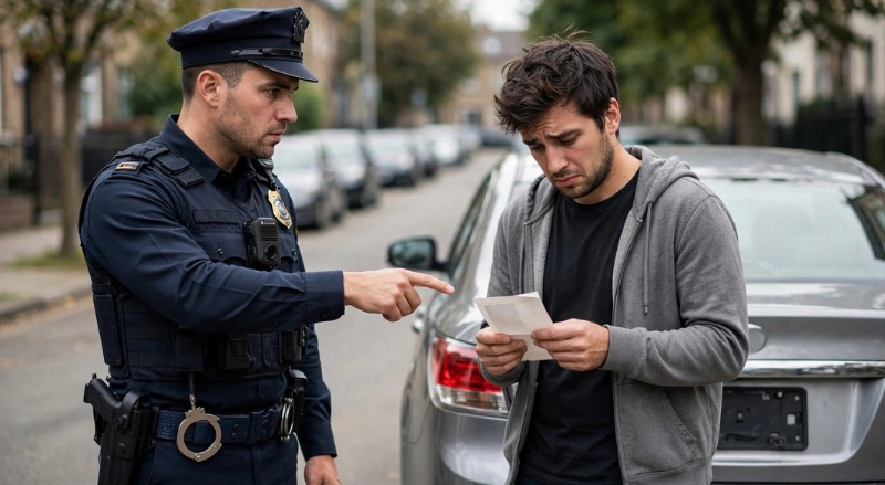 policial apontando para traseira do carro sem placa e cidadão constrangido segurando multa genérica, cena de fiscalização educativa na rua