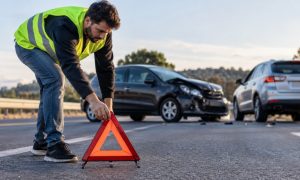 Uma pessoa posiciona a sinalização de acidente na rodovia, enquanto ao fundo aparecem carros envolvidos em uma colisão, em uma cena realista e informativa.