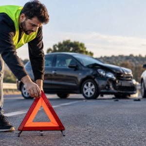 Uma pessoa posiciona a sinalização de acidente na rodovia, enquanto ao fundo aparecem carros envolvidos em uma colisão, em uma cena realista e informativa.