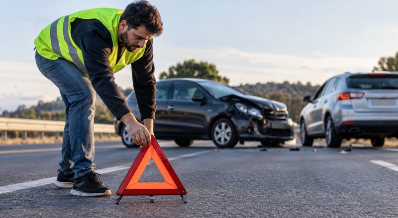 Uma pessoa posiciona a sinalização de acidente na rodovia, enquanto ao fundo aparecem carros envolvidos em uma colisão, em uma cena realista e informativa.
